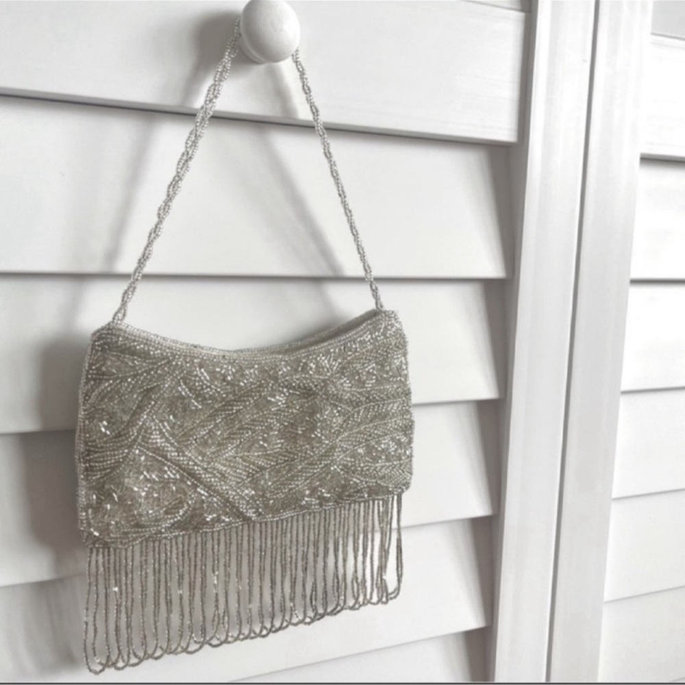 CACHE Beaded Silver Mini Purse Retro Festival Event Style